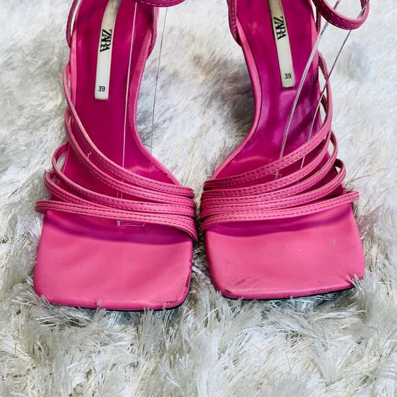 PINK Zara Strappy Heels Wrap Ankle Strap Sz 39 8.5 Scuffed Heels - Picture 2 of 9